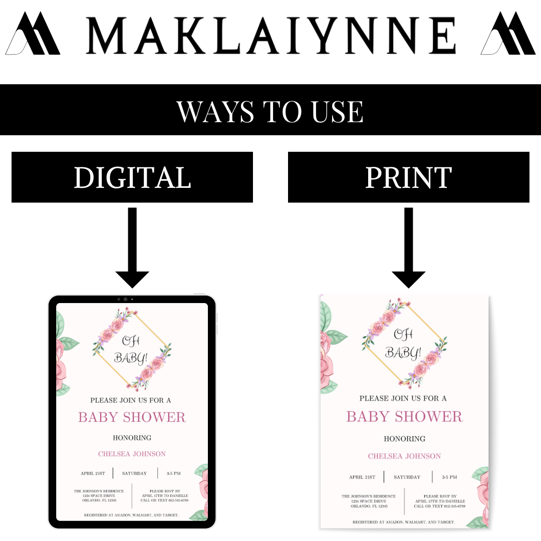 “OH BABY” Floral Themed Baby Shower Invitation Template