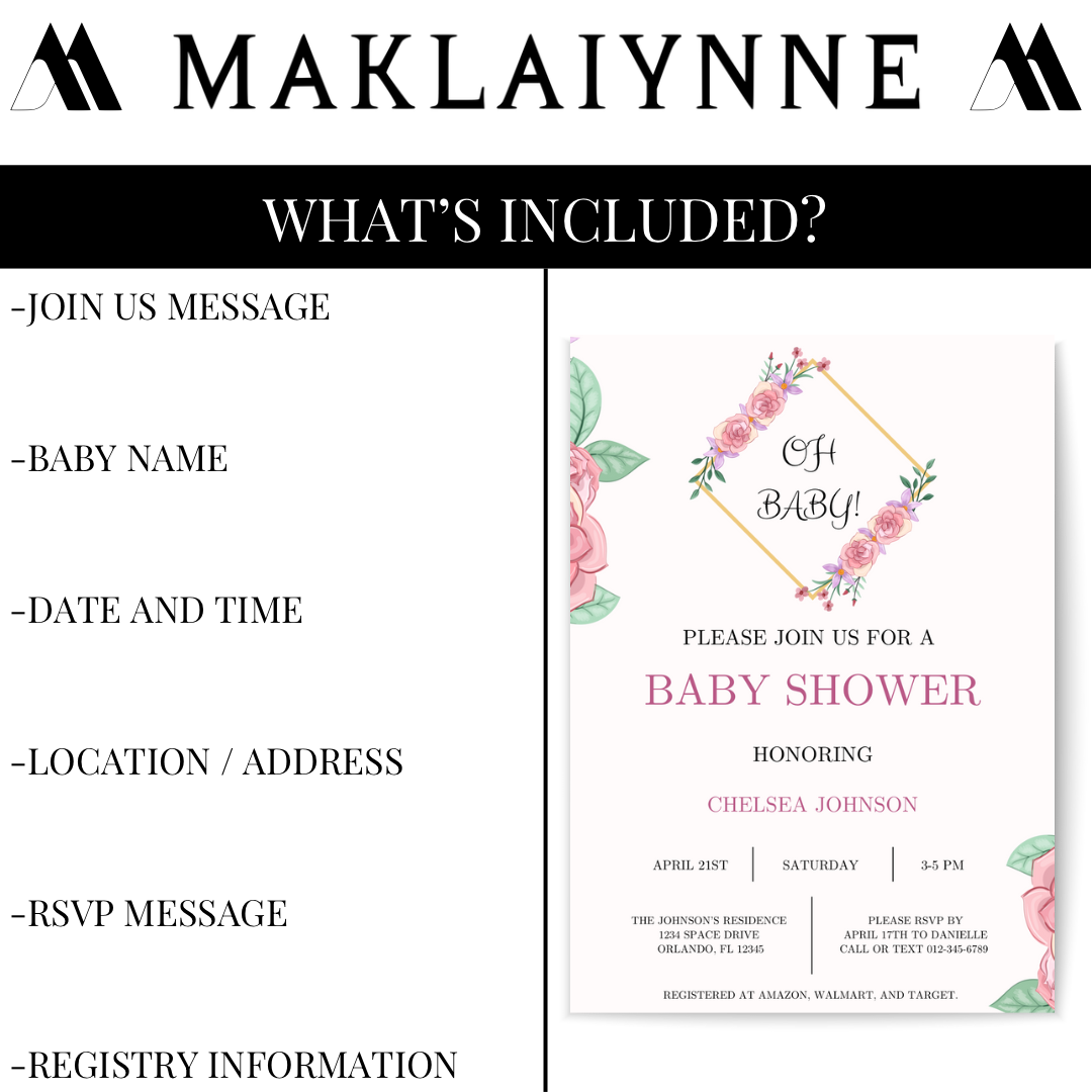 “OH BABY” Floral Themed Baby Shower Invitation Template