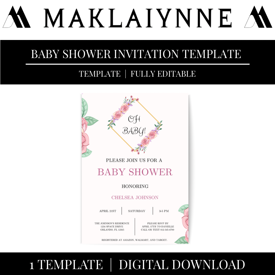 “OH BABY” Floral Themed Baby Shower Invitation Template